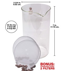 French Press Replacement Glass with Steel Filters by Cafe Crush Club - Fire Hardened Borosilicate Beaker - 34 Ounce | 1 Liter Size with White Measures