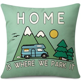 JOTOM Cushion Cover 45x45 cm Motorhome Gadgets Caravan Camping Home is Where We Park it Throw Pillow Cover Campervan Accessories Gift Pillow Case Holiday Couch Bed Sofa Decor (Camping Green)