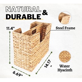 Wicker Magazine Basket, Water Hyacinth Magazine Holder Rattan Newspaper Rack Skinny Wicker Basket for Books & Files, Chi An Home Divided Hyacinth Basket With Handle (Medium)