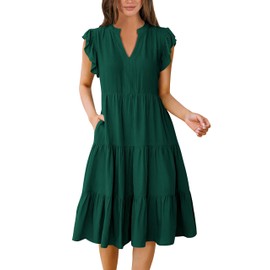ANRABESS Womens Summer Dress Ruffle Sleeve V Neck Midi Dresses Fashion Casual Fit Flowy Tiered Boho Beach Vacation Sundress Deep Green-S