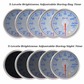 Bezel Boost Gauge Kit -30inHg~30Psi White Indash Brushless Series 2-1/16'' (52mm) Clear Lens - Includes Electrical Sensor - Fast Response Rate - 10 Colors - for car & Truck - 270° Sweep - JDM - USDM
