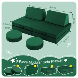 MeMoreCool Kids Couch, 8-Piece Modular Toddler Play Couch in Green, Convertible Foam Sofa Fort Builder Set with Machine Washable Plush Cover for Playroom Bedroom, Ages 1-5