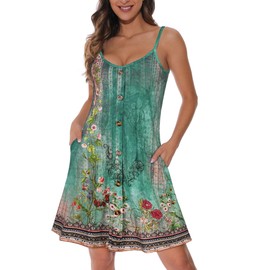 JOELLYUS Summer Dresses for Women Spaghetti Strap Button Down Casual Sundress Beach Cover Up Dress with Pockets, Lake Green Flowers, L