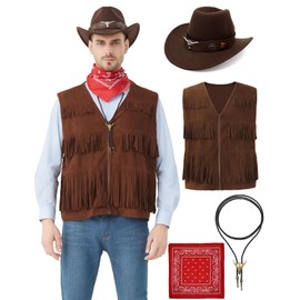 Hislovy Cowboy Costume Men's Western Cowboy Outfit with Hat Bandana Necklace for Wild West Hippie Party, Brown, L