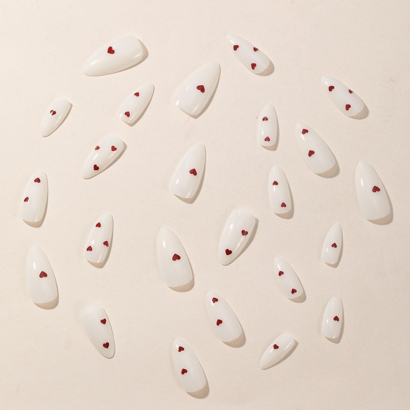 White Press on Nails with Designs Red Fake Nails with