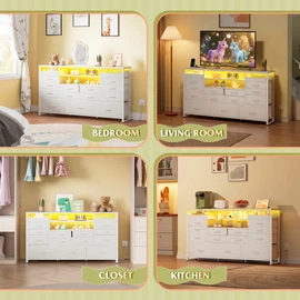 WLIVE White Dresser for Bedroom, Baby Dresser TV Stand for 55, 60, 65 inch TV with Led Lights & Charging Station, Fabric Chest of Drawers with Open Shelves, 15 Drawer Dressers for Closet, Living Room