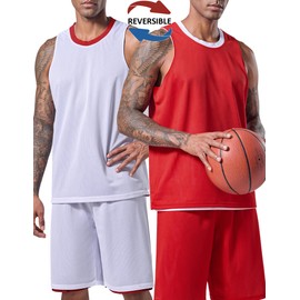 1 Set of Men's Reversible Basketball Jersey and Shorts, Double-Sided Custom Athletic Uniforms for Team Sports Practice (Red/White, Small)