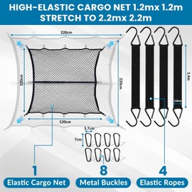 Hochelastisches Gepäcknetz, 1,2 x 1,2 m dehnbar bis 2,1 m x 2,1 m (Einlagig), LKW-Frachtnetz, Netz-Organizer, mit 8 x Stahlkarabiner + 4 x Haltegurt, Gepäckfixierung für LKW Auto Wohnmobil