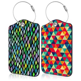 Set of 2 Luggage Tags for Suitcase Watercolor Rhombs and Colored Triangle Leather Baggage Tags Set with Stainless Steel Loop Name Address Labels Privacy Cover for Men Women Travel Bag Suitcase