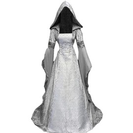 BITSEACOCO Deluxe Witch Dress Costume for Women, Vintage Embroidered Renaissance Victorian Gothic Hooded Vampire Gown Dress Cosplay (Silver, M)