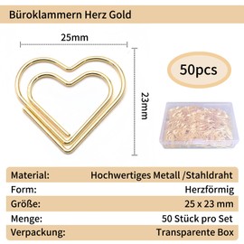 KLINNA 50 Stück Herzförmige Büroklammern Gold von, Klein Motiv Büroklammer als Liebevolle Deko, Herz Paper Clips für Büro & Hochzeit, Liebe Büroklammern Spender für Büro（Gold）