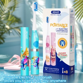 SEAGO SG-505 Travel Electric Toothbrush, Portable Toothbrush, 24,000 VPM, IPX7 Waterproof, 8 Brush Heads (Soft & Tilted Bristles), Battery-Powered for Adults, On-The-Go (Thai Design, Made in Thailand)