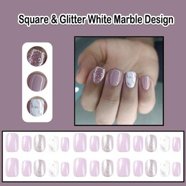 ANDGING Pink Press on Nails Square Short Fake Nails with Glitter White Marble Design Acrylic Gel fake nails for Women Cute False Nails with Glue stick on nail for Wedding Birthday 24Pcs KRT288