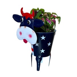 Americana Planter Red White & Blue Rustic Metal Farmhouse Decor Indoor Outdoor Metal Large Shelf Kitchen Patio Garden Flowers Holder (Cow)