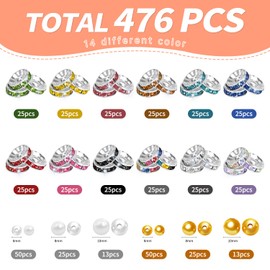 Prdingfy 622PCS 14+ Colors Rondelle Spacer Beads for Jewelry Making, Rhinestone Spacer Beads Crystal Bead Spacers for Bracelets, Pens, DIY Crafts(10mm)