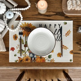 Artoid Mode Happy Scarecrow Leaves Fall Placemats Set of 6, 12x18 Inch Seasonal Thanksgiving Holiday Table Mats for Party Kitchen Dining Decoration