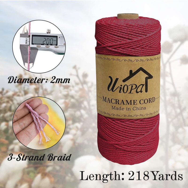 Uiopa Macrame Cord 2mm x 200m, 3-Strand Twisted Natural Cotton
