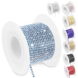 Swpeet 1 Roll 10 Yards 2MM Crystal Rhinestone Close Chain Trim, Claw Chain Diamond Rhinestone Trim for DIY Decoration, Crystal Rhinestones Cup Chain Trim Roll (Light Blue Rhinestone with Silver Base)
