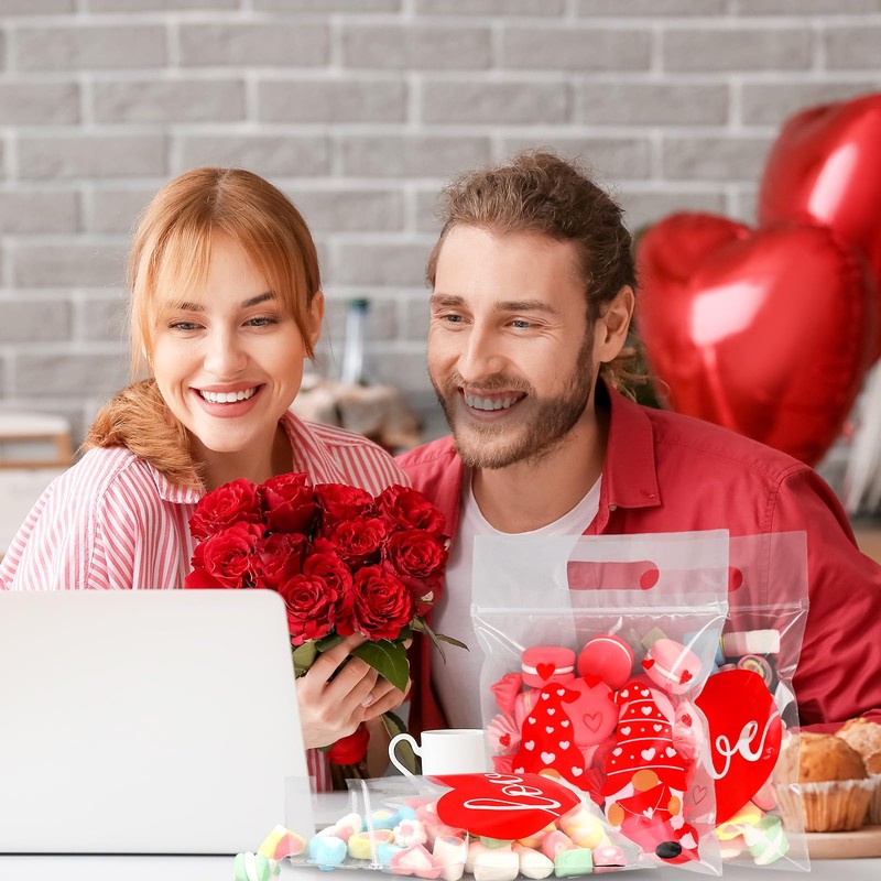 JarThenaAMCS 48Pcs Valentine's Day Cellophane Ziplock Bags Love Heart Gnome