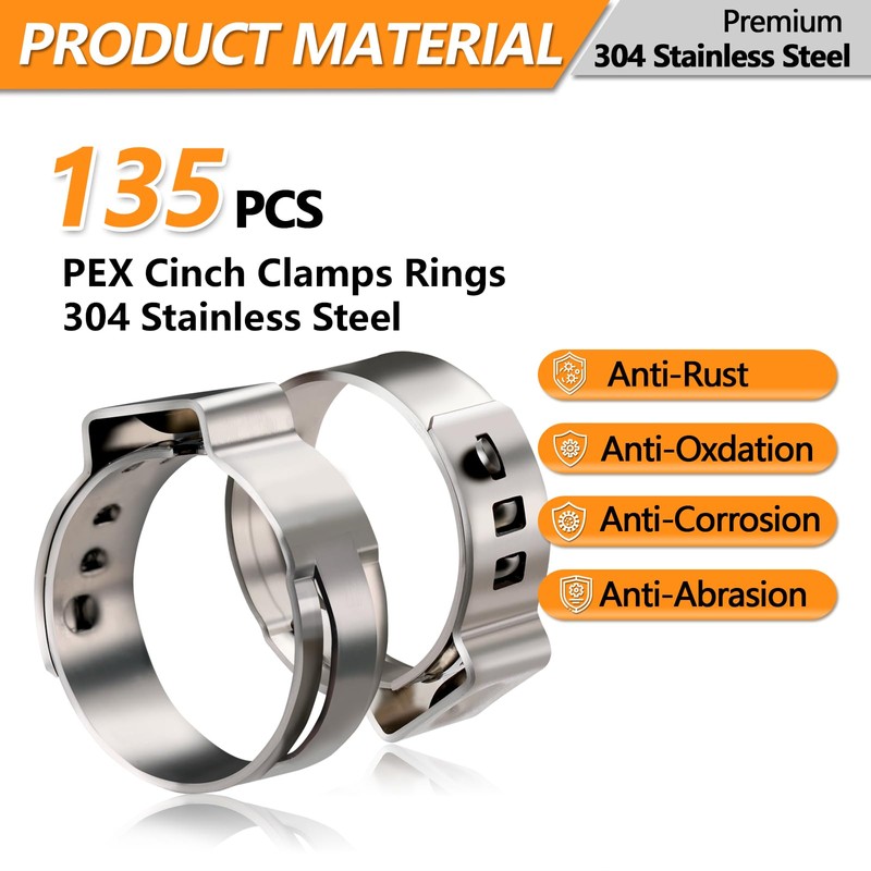 135 PCS PEX Crimp Rings Assortment,304 Stainless Steel 3/8",1/2",3/4",5/8",1" Single