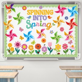 Pasimy 65 Pcs Spinning into Spring Bulletin Board Set with Borders Spring DIY Pinwheel Flower Cutouts Colorful Floral Butterfly Classroom Decorations for School Home Decor Back to School Supplies