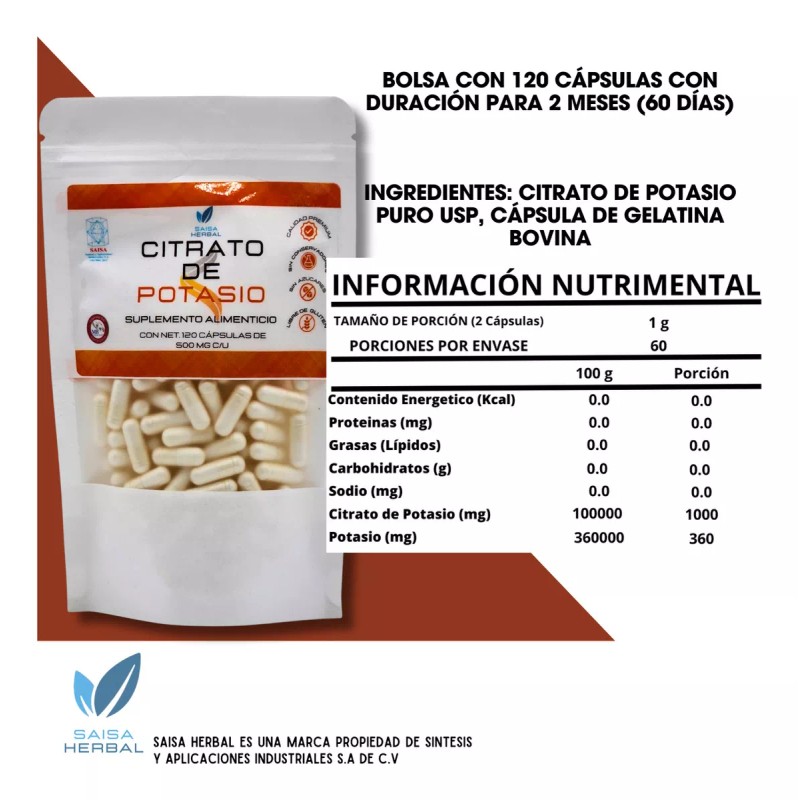 Saisa Herbal Citrato De Potasio 120 Cápsulas Saisa Herbal Sabor