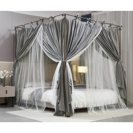 AIOOO 4 Corners Post Princess Curtain Bed Canopy Double Layer Cozy Mosquito Net Mesh and Cloth for Girls Adults Bedroom Decoration (Double-Grey/White, 78" W*86" L*82"*H/(King))