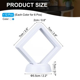 PATIKIL 3D Floating Frame Display Stand, 12 Pack 2.8x2.8 Inch Challenge Coin Display Stand Holder Transparent PE Jewelry Storage Box Floating Display Case with Base, White&Blue