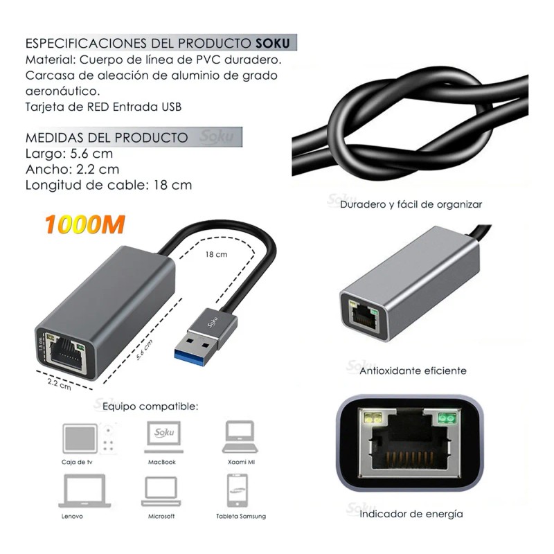 Adaptador Usb 3.0 Rj45 Ethernet Lan Red hasta 1000 Mbps