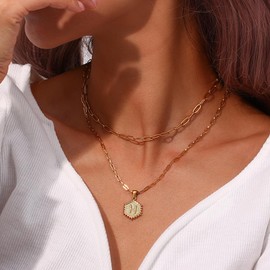 JeeweLife H Initial Necklaces 18K Gold Plated Layered Paperclip Chain Hexagon Letter Pendant Chunky Gold Necklaces for Women, Initial H