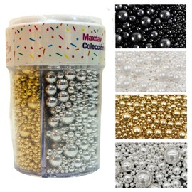 Sprinkles Perlas Decorativas para Repostería, bottle con divisiones 200g, Mezcla de 4 Colores: Blanco, Oro, Plata y Negro, para Pasteles, Cupcakes y Postres