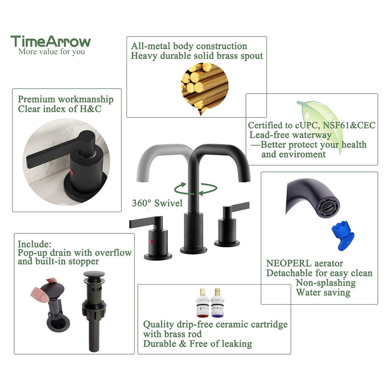 Matte Black 8 Inch Widespread Bathroom Sink Faucet 3 Holes