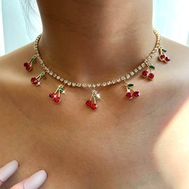 TseenYi Crystal Cherry Necklace CZ Tennis Chain Choker Necklace Red Cherry Pendant Necklace Gold Rhinestone Choker Necklace Cherry Tassel Tennis Link Necklace Sweet Cherry Basket Pendant Necklace