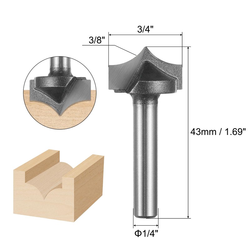 sourcing map Point Cutting Roundover Router Bit 3/8" Radius 1/4"