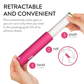 Flint Classic Retractable Lint Roller - Refillable Travel Lint Roller - 90 Sheets (Pink)