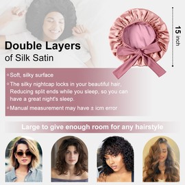 Doppelschichtige Duschhaube für Frauen mit Schleife, Satin-Seide, wiederverwendbar, für glatte, gewellte und lockige Haare, Badezubehör, elastisch, verstellbare Schlafkappe für langes Haar, mit