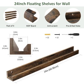 Heimera Vinyl Record Shelf Wall Mount 24 inch, Pack of 4 Album Record Holder Display, Wood Floating Shelves for Wall Decor, Album Shelves, Kids Bookshelf, Magazine Rack, Walnut