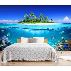 Tropical Islands and Coral Reefs, Waterline Split Landscape Mural, Beach Coconut Tree Wall Mural（Non-self-Adhesive）
