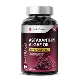 HealthEssent Astaxanthin High Strength Algae Oil 80mg Complex - Microalgae Carotenoid from Haematococcus Pluvialis - 90 Vegan Softgel Capsules - Antioxidant Supplements for Skin & Eyes, Non-GMO