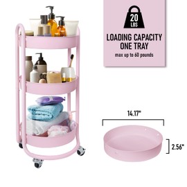 HOMESTEAD Premium 3-Tier Round Rolling Cart - Heavy Duty Metal Utility Cart with Round Trays for Room Decor Aesthetic, Bedside Craft Storage, Office Organization (Pink)