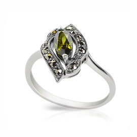 Esse Marcasite Sterling Silver Marquise Cut Olive Cubic Zirconia Leaf Motif Ring - Size N