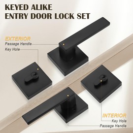 Brotima 1 Pack Square Passage Door Levers and Double Cylinder Deadbolts Combo Pack, Flat Black Keyed Alike Heavy Duty Door Handles Locksets Reversible for Right and Left Side(All Same Keys)