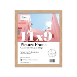 Almost Frameless 11x9 Oak Picture Frame 11"x9"(27.9x22.9cm) Poster, Photo, Artwork, or Print. Thin Edge Slim Frame Portrait and Landscape Display with Wall Hooks