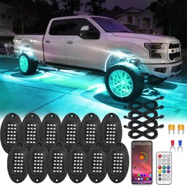 ZONECONA 12Pods Metal Chasing Dreamcolor LED Rock Lights Kit with APP/RF Remote,Alloy RGB+IC Underglow Lights Multicolor Neon Exterior Vehicle Waterproof Aluminum 12V for Jeep Truck RV Car SUV ATV UTV