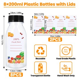 Pack of 8 200 ml Shot Bottles for Filling, Reusable Plastic Juice Bottles with Black Lid and 8 Stickers, Transparent Portable Juice Bottles for Filling for Fridges, Juicers, Juicers