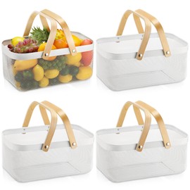 Sadnyy 4 Pcs Metal Wire Storage Basket with Handle Mesh Garden Harvest Basket Durable Vegetables Fruit Basket for Organizing, Kitchen, Countertop, Closet, Bedroom (White,16 x 9.8 x 7.1 Inch)