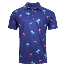 uideazone Mens Polo Shirts Hawaiian Pink Flamingo Golf T-Shirts Casual Classic Fit Fitness Lapel Button Short Sleeved Top