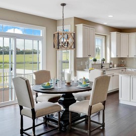 LALUZ Farmhouse Chandelier, 4-Light Rustic Wood Dining Room Chandelier Light Fixture, Cage Cube Wooden Pendant Chandeliers for Dining Room, Living Room, Bedroom, Entryway