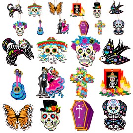 HOWAF 36pcs Day of The Dead Wood Ornaments, Dia De Los Muertos Decorations Hanging Wooden Sign for Mexican Dia de Los Muertos Altar Decor, Black Cats Sugar Skull Marigold Hanging Ornaments