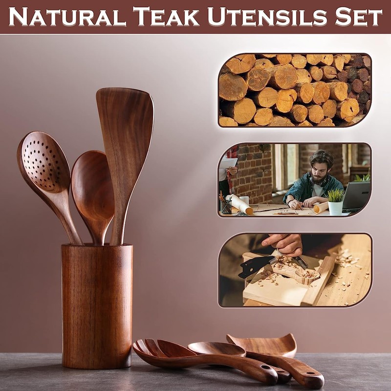 Wooden Spoon 6 Pcs, Cooking Utensils,Kitchen Utensils Natural Teak Wood